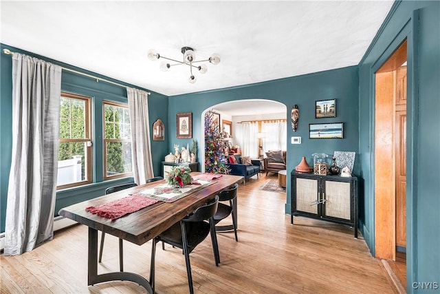 1 Alden Ave, Auburn, NY 13021 - dining space featuring arched walkways, light wood-style flooring, and a baseboard radiator