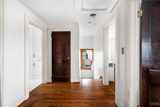 1 Alden Ave, Auburn, NY 13021 - hall featuring dark wood finished floors and attic access