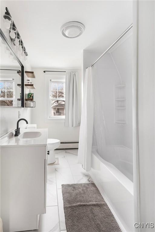 full bathroom with baseboard heating, vanity, toilet, and shower / bath combination with curtain