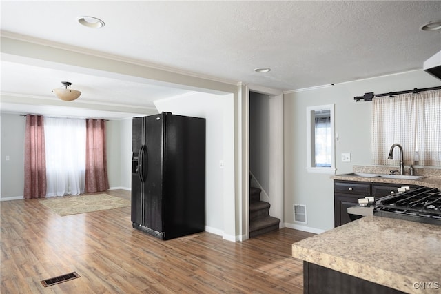 kitchen featuring hardwood / wood-style flooring, plenty of natural light, black fridge with ice dispenser, and stove