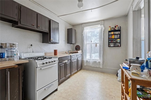 kitchen featuring sink, a healthy amount of sunlight, dark brown cabinets, and white gas range oven