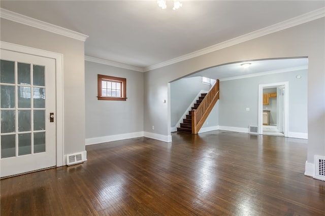 unfurnished room with dark wood-type flooring and crown molding