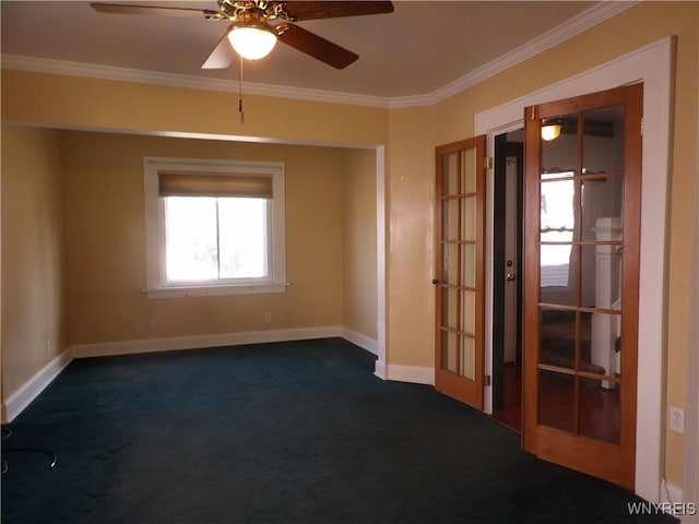 carpeted empty room with french doors, ceiling fan, and crown molding