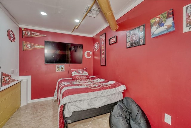 tiled bedroom with crown molding