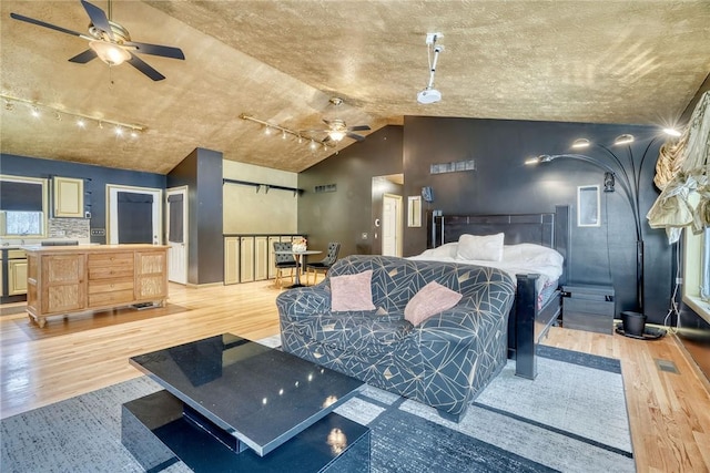 bedroom with track lighting, vaulted ceiling, ceiling fan, and light hardwood / wood-style floors