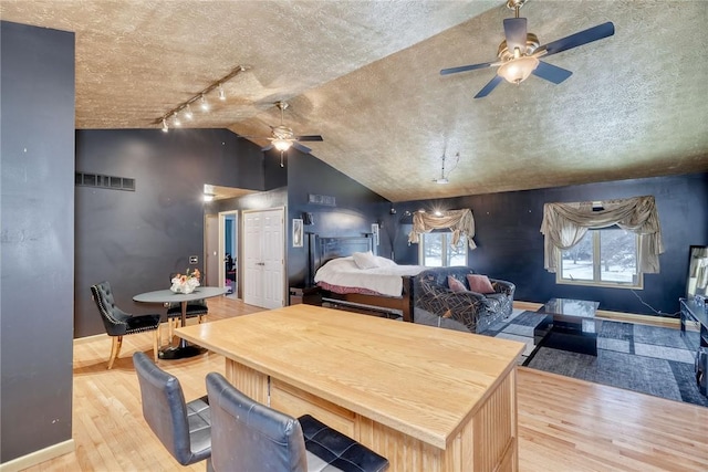 interior space featuring ceiling fan, light wood-type flooring, track lighting, and lofted ceiling