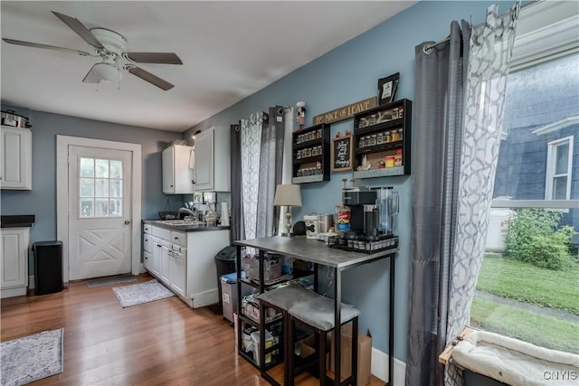 kitchen with hardwood / wood-style flooring, ceiling fan, and white cabinetry