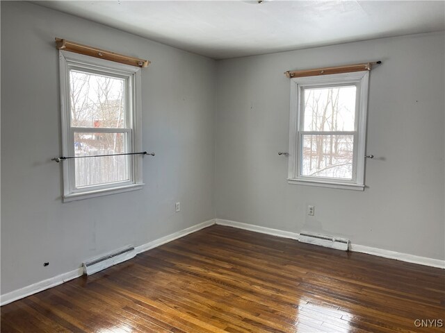 empty room with dark wood-type flooring and a baseboard radiator