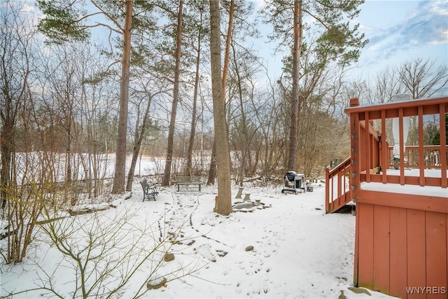 snowy yard with a deck