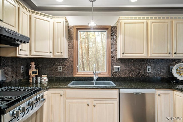 kitchen featuring sink, hanging light fixtures, tasteful backsplash, ventilation hood, and appliances with stainless steel finishes