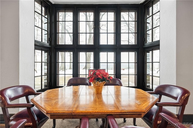 dining area with a high ceiling and a wealth of natural light