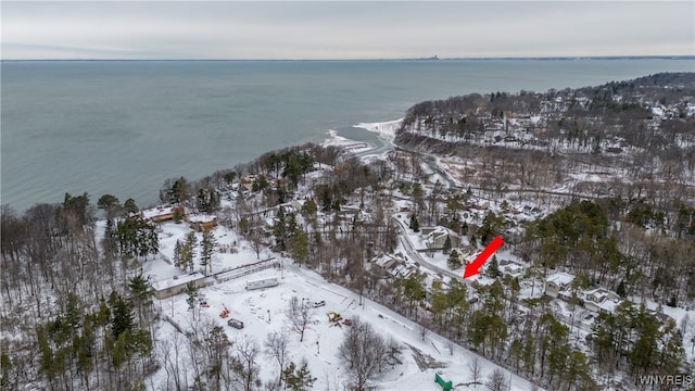 snowy aerial view featuring a water view