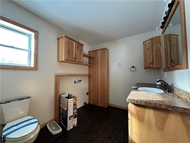 bathroom featuring vanity, toilet, and wood-type flooring