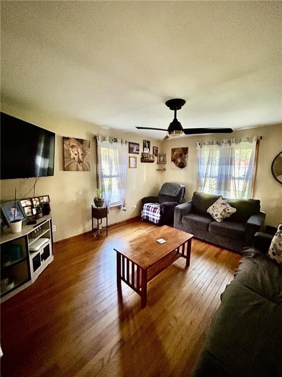 living room with wood-type flooring, a textured ceiling, and ceiling fan