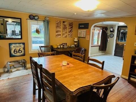 dining room with a wealth of natural light, ornamental molding, and hardwood / wood-style flooring