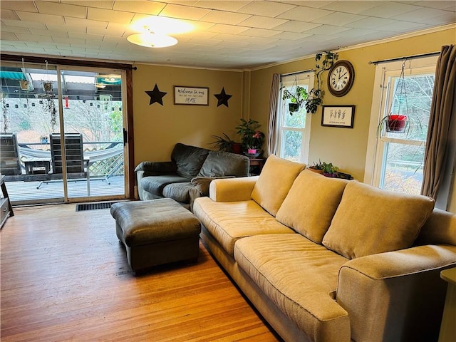 living room with light hardwood / wood-style floors and crown molding