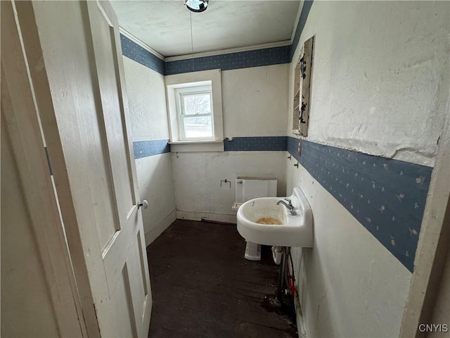 bathroom featuring hardwood / wood-style floors, sink, radiator heating unit, and crown molding