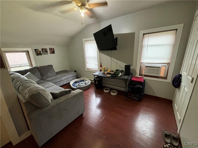 living room with dark hardwood / wood-style flooring, cooling unit, a healthy amount of sunlight, and vaulted ceiling