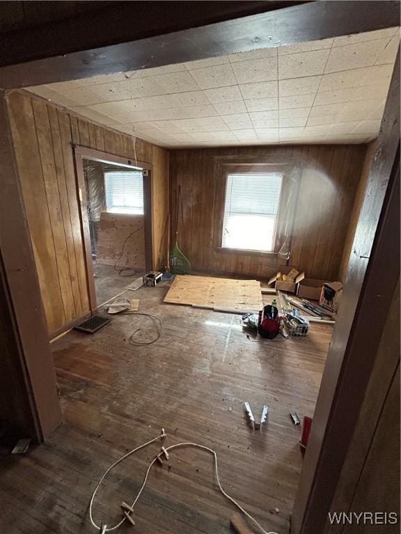 miscellaneous room featuring dark hardwood / wood-style floors and wood walls