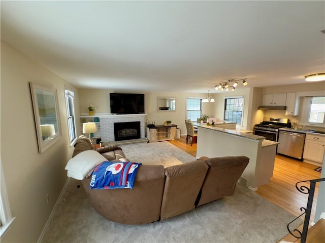 living room with a fireplace and light hardwood / wood-style floors