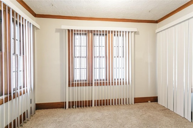 carpeted empty room with a textured ceiling and crown molding