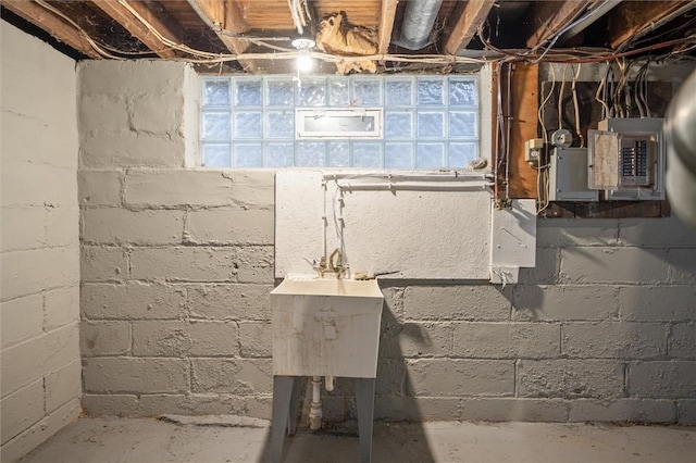 basement with electric panel and plenty of natural light