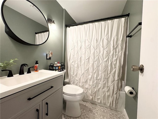 full bathroom with vanity, shower / bathtub combination with curtain, and toilet