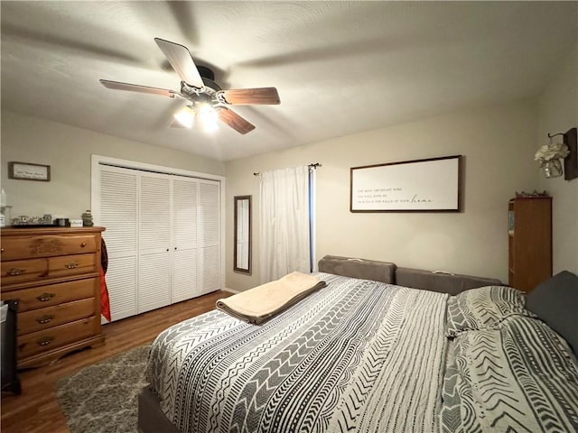 bedroom featuring a closet, ceiling fan, and dark hardwood / wood-style floors