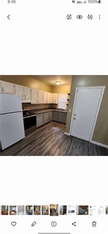 kitchen with white refrigerator, dark hardwood / wood-style floors, stainless steel electric stove, and white cabinets