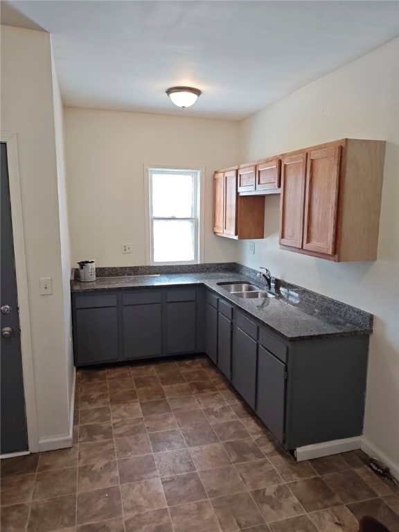 kitchen with dark stone counters, gray cabinets, and sink