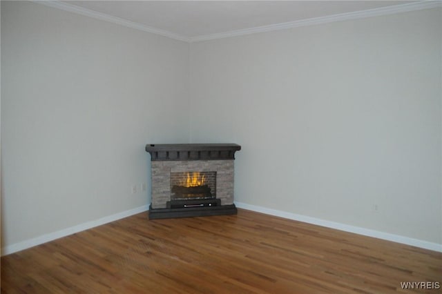 details featuring a fireplace, wood-type flooring, and ornamental molding