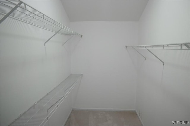 spacious closet featuring light colored carpet and lofted ceiling