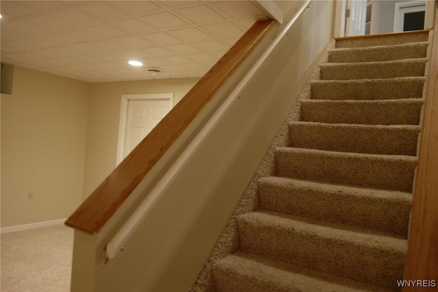 stairway featuring carpet