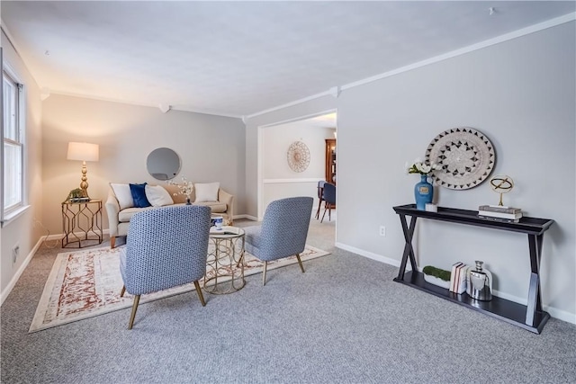 interior space with carpet and crown molding