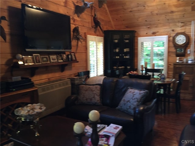 living room featuring lofted ceiling, wood walls, a healthy amount of sunlight, and wood ceiling