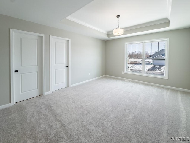 spare room with carpet floors, ornamental molding, and a raised ceiling