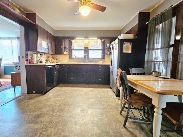 kitchen with ceiling fan, ornamental molding, black dishwasher, dark brown cabinetry, and stainless steel refrigerator