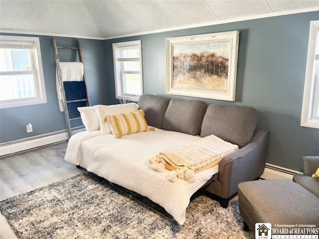 bedroom with hardwood / wood-style floors and a baseboard heating unit