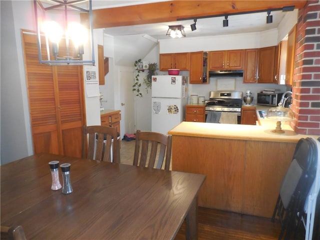 kitchen with pendant lighting, an inviting chandelier, sink, kitchen peninsula, and stainless steel appliances