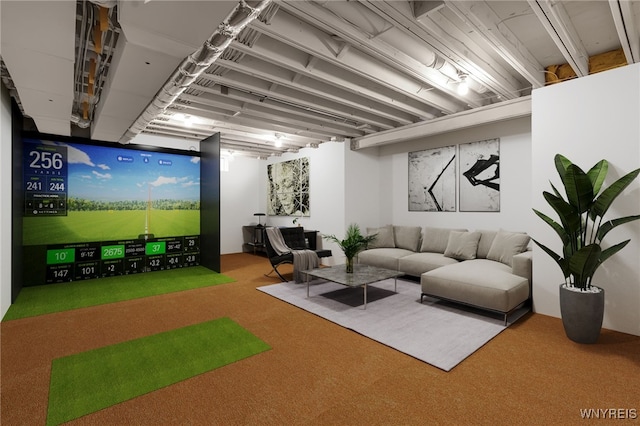 recreation room featuring carpet floors and golf simulator