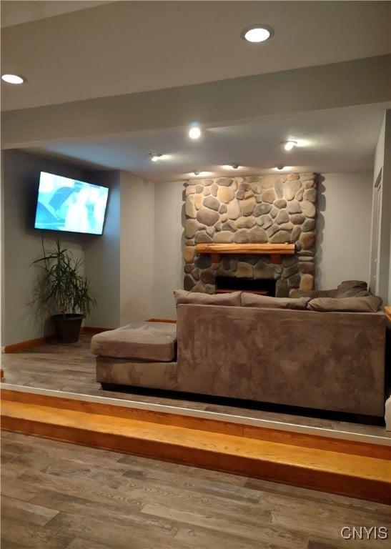 cinema featuring wood-type flooring and a stone fireplace