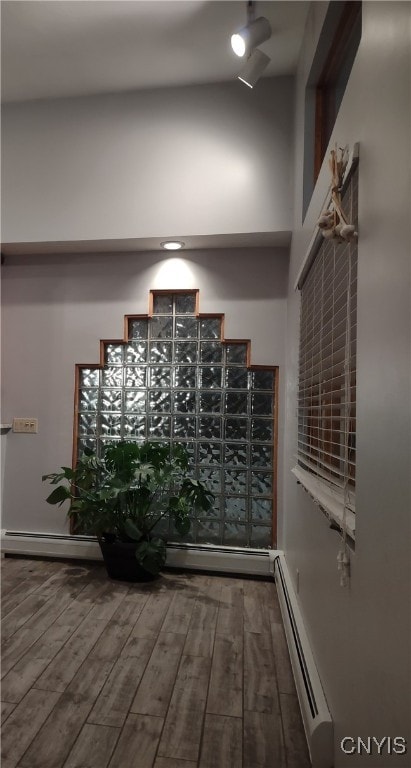 wine room featuring hardwood / wood-style flooring, a baseboard heating unit, and a towering ceiling