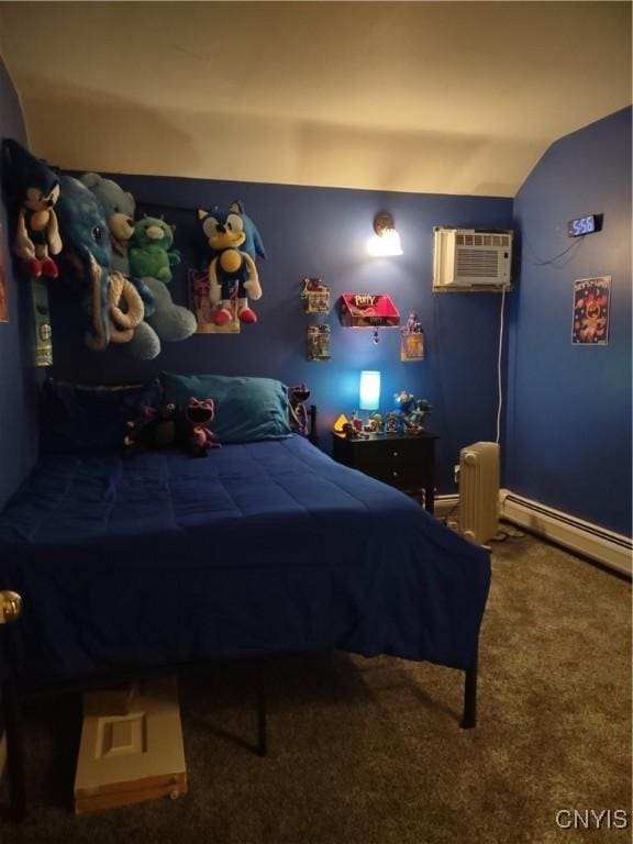 bedroom with vaulted ceiling, carpet flooring, a baseboard heating unit, and a wall mounted air conditioner