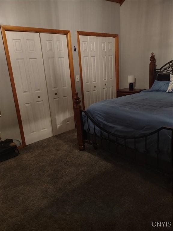 bedroom with multiple closets and carpet floors