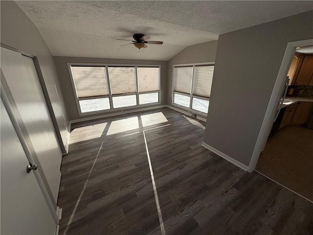 interior space with lofted ceiling, a textured ceiling, ceiling fan, and dark hardwood / wood-style floors