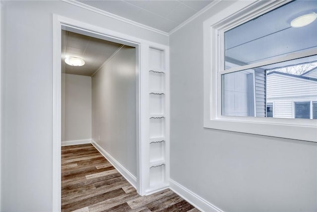 hallway featuring hardwood / wood-style flooring and crown molding