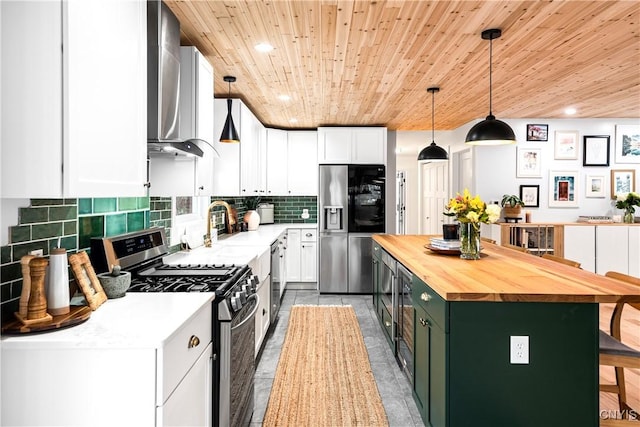 kitchen featuring decorative light fixtures, wood ceiling, a kitchen island, white cabinetry, and appliances with stainless steel finishes