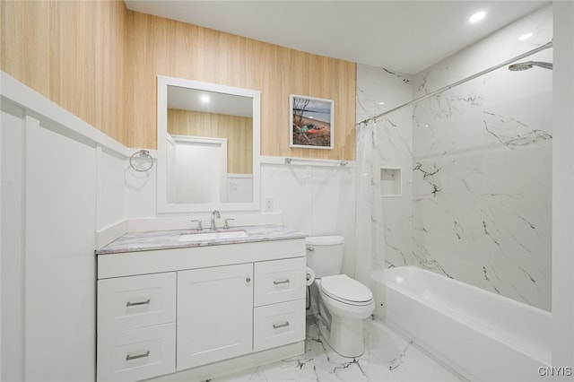 full bathroom featuring shower / tub combo, vanity, toilet, and wood walls