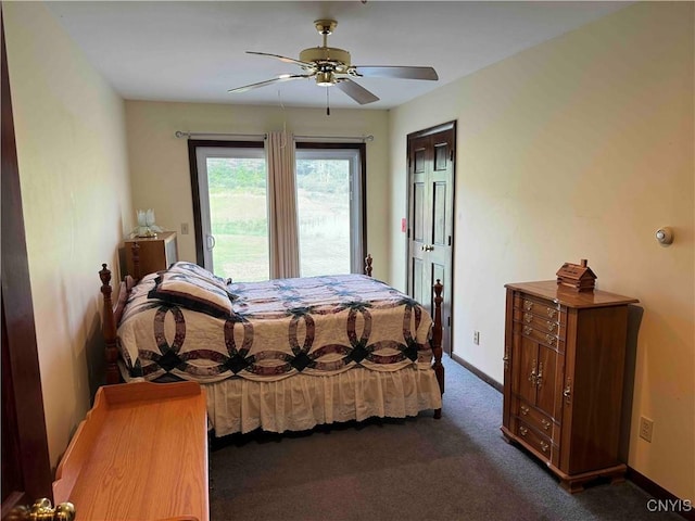 carpeted bedroom featuring ceiling fan