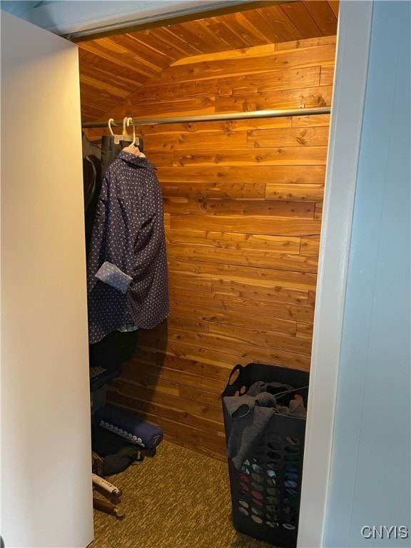 spacious closet with vaulted ceiling and carpet floors